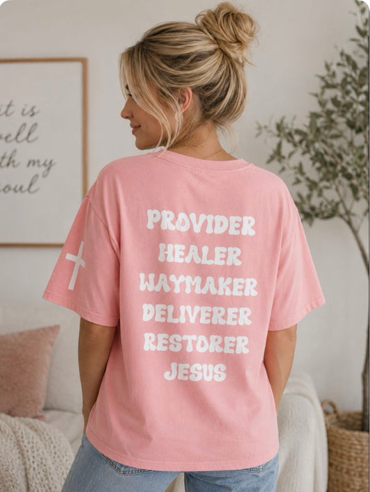 Names of Jesus Tee - Bubble White on Pink