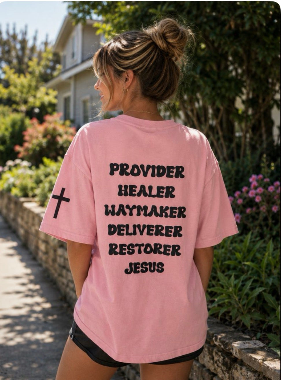 Names of Jesus Tee - Bubble Black on Pink