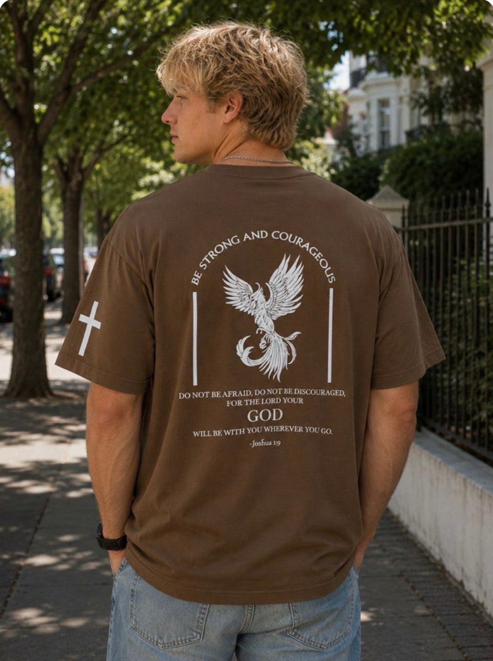 Be Strong and Courageous Tee - White on Brown
