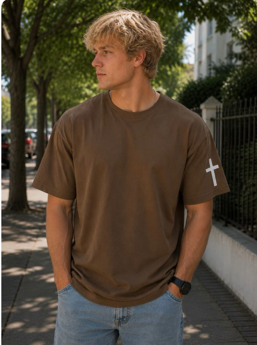 Be Strong and Courageous Tee - White on Brown