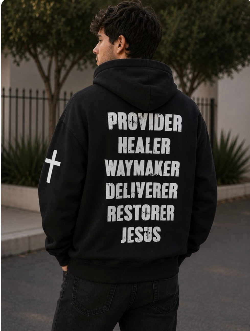 Names of Jesus Hoodie - Distressed White on Black