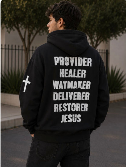 Names of Jesus Hoodie - Distressed White on Black