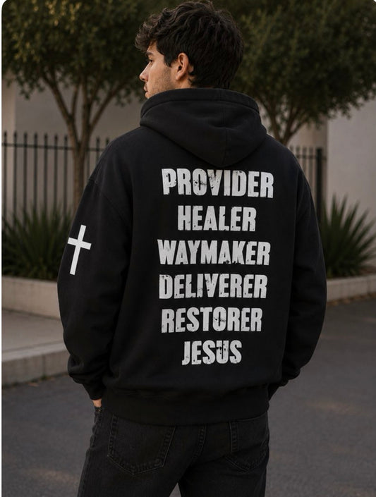 Names of Jesus Hoodie - Distressed White on Black