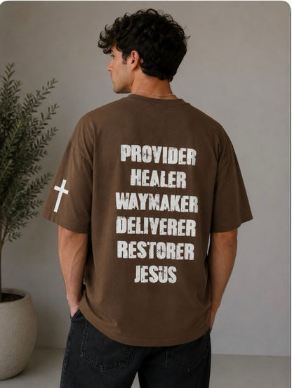 Names of Jesus Tee - Distressed White on Brown